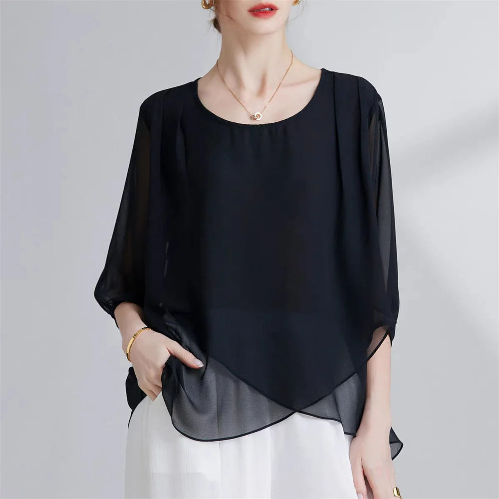 Korean Style Chiffon Plus-Size Women's Top Sexy Mid-Sleeve Black White Blouse Fashion Irregular Design