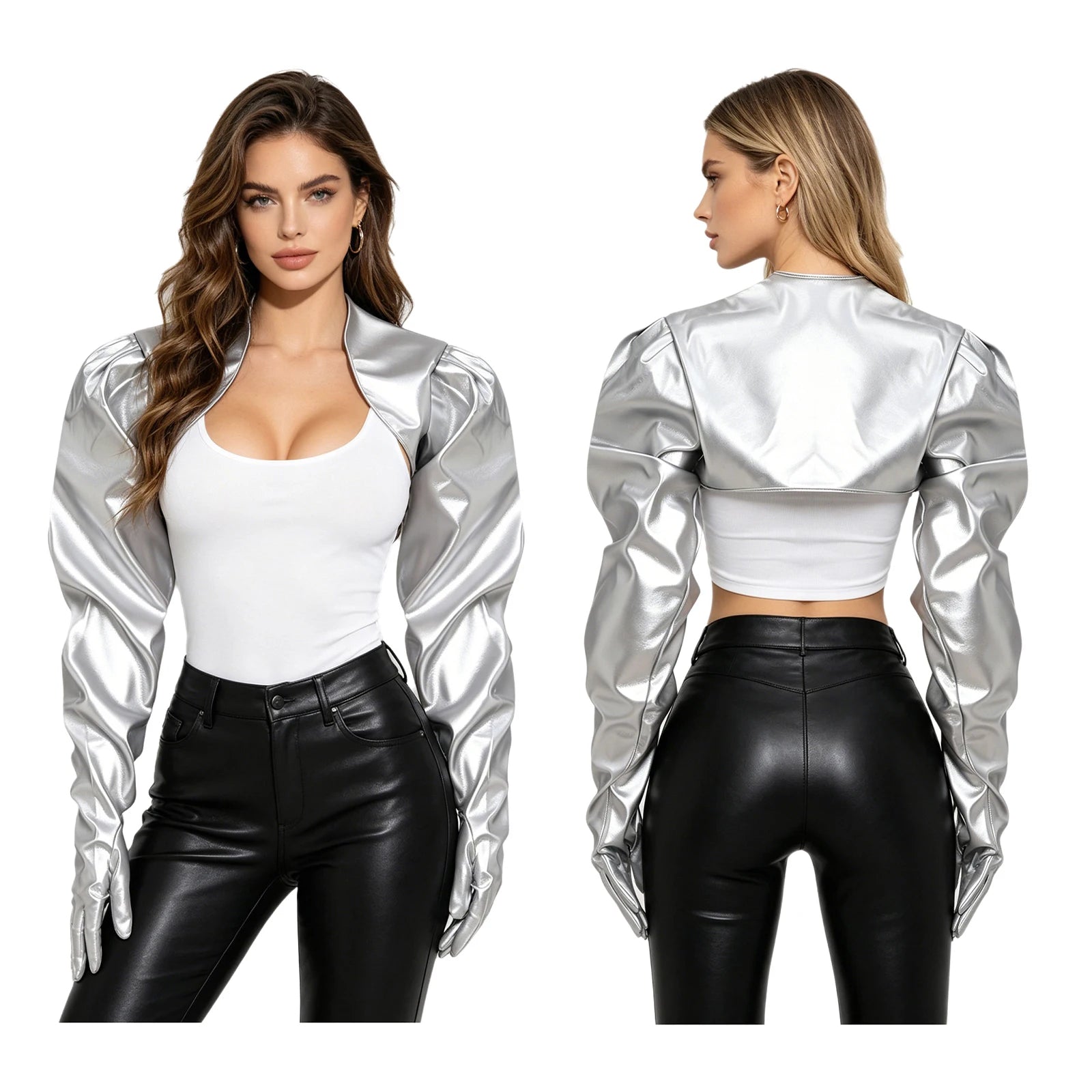 Womens Wet Look PU Leather Cardigan Crop Jacket Puff Loose Long Sleeve Open Front Coat Shrug Shawls with Gloves Party Clubwear