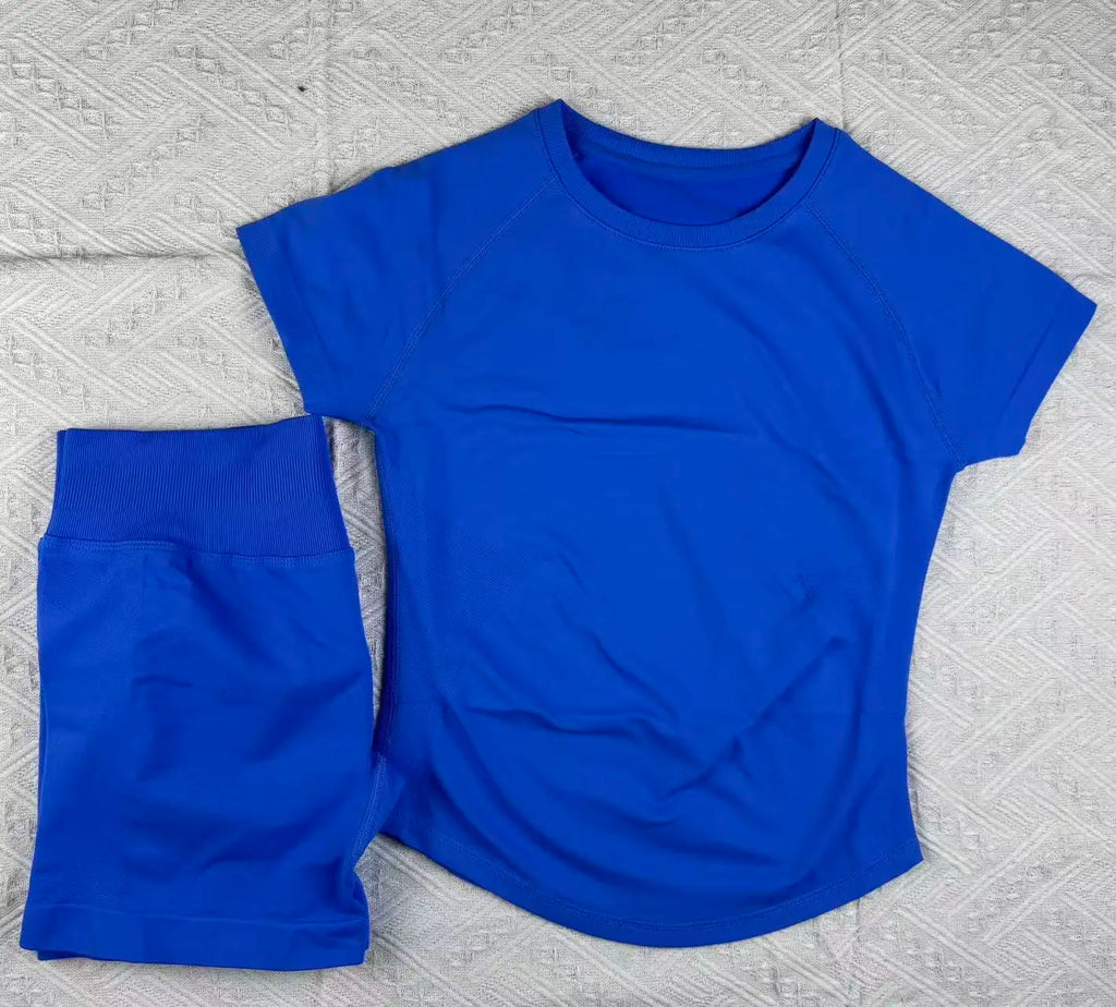 New Four Seasons 2-piece Sports Set Short Sleeve Round Neck Seamless Indoor Yoga Top Boxing Fitness Running Shorts Sports Set