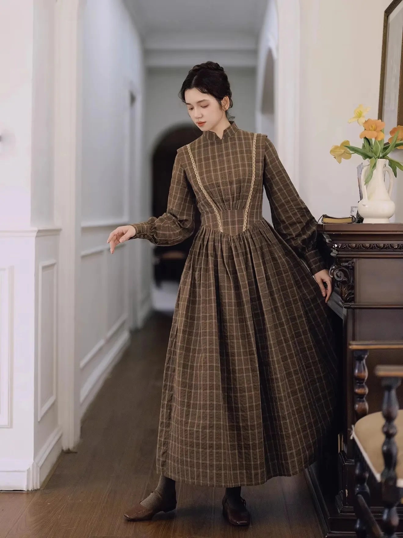 TIYIHAILEY 100% Cotton Plaid Spring Autumn Women Dress Full Lantern Sleeve Long Maxi Ladies S-XL Vintage High Waist Stand Collar