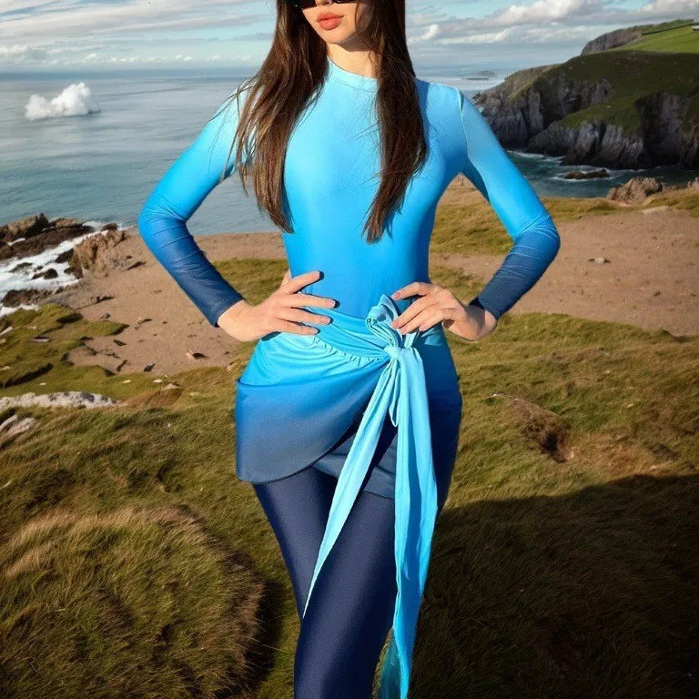Blue Long Sleeve Swimsuit High Neck Wrap Skirt Swimwear Tie Front Bathing Suit Green Leggings Solid Color Slim Fit Swimming
