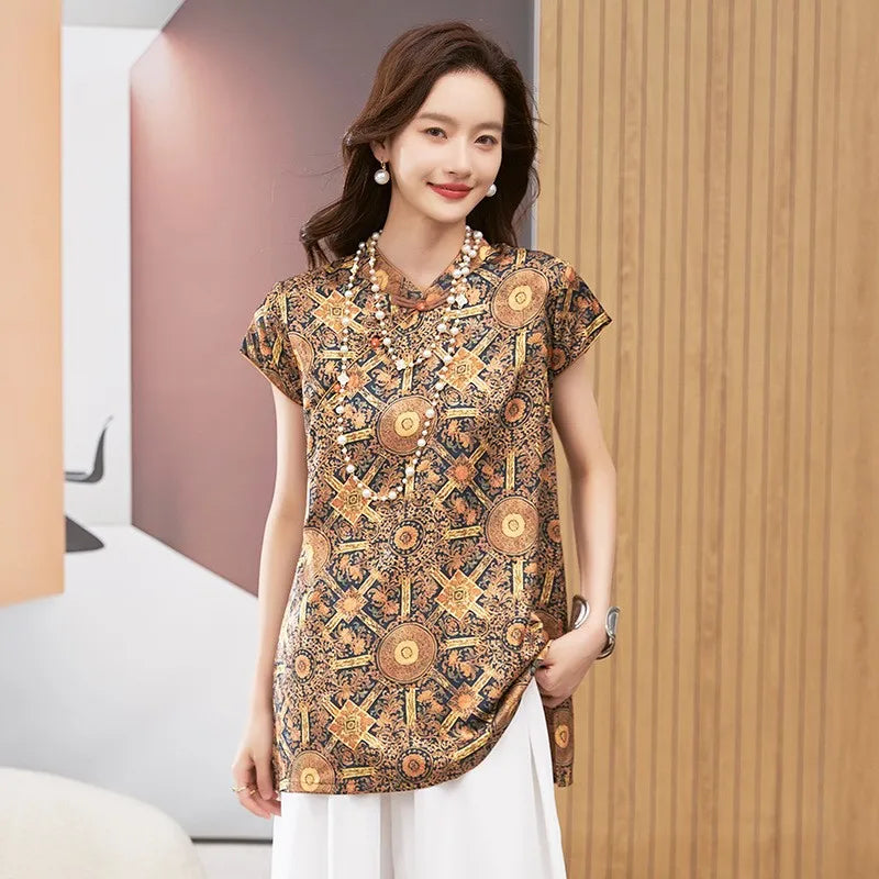 Women's Blouse Short Sleeve Round Neck Top Mandarin Collar Tunic Geometric Print Loose Fit Mid Length Gold Brown Shirt
