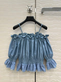 2026 Summer Women's Cold-Shoulder Puff Sleeve Lace Blouse Gentle Style Hollow Trim Top ZX88119