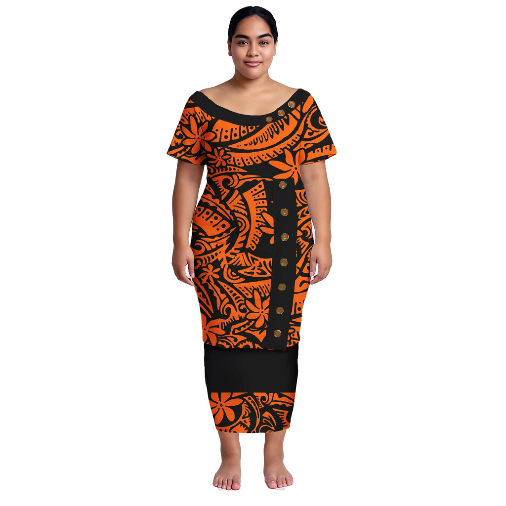 Plus Size Women Dresses Samoan Puletasi 2Pcs Set Island Shirt and Skirts Polynesian Church Tapa Print Tribal Long Dress Elegant