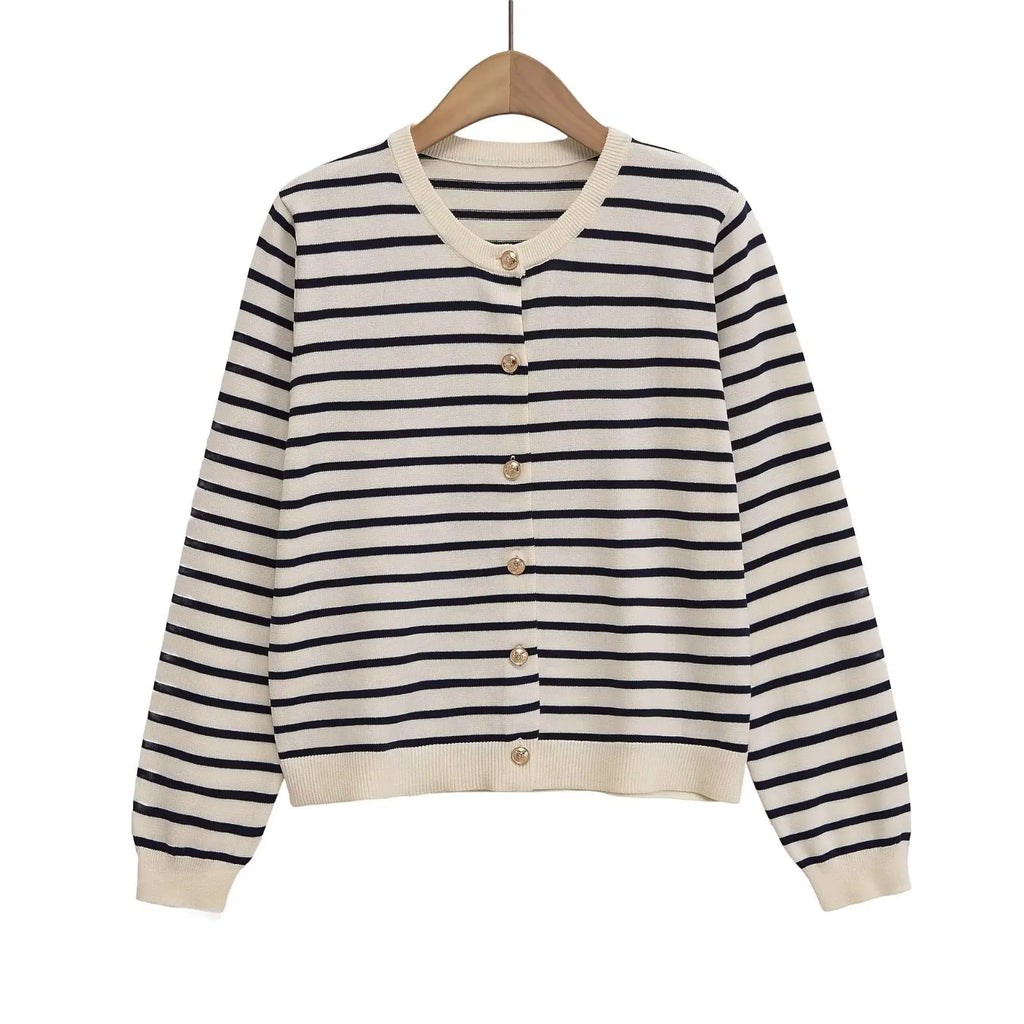 Withered 2026 Fashion New Product Striped Knitted Cardigan Versatile Round Neck Buckle Long Sleeve Coat
