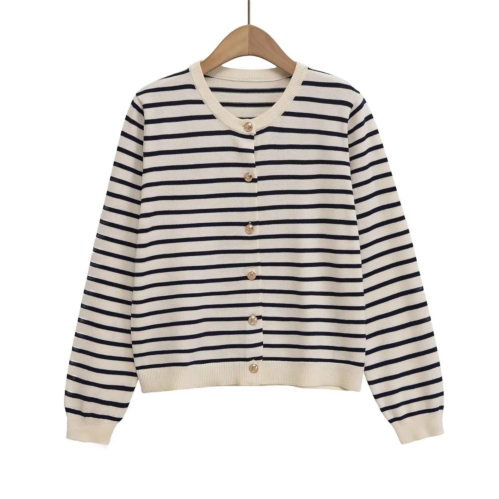 Withered 2026 Fashion New Product Striped Knitted Cardigan Versatile Round Neck Buckle Long Sleeve Coat
