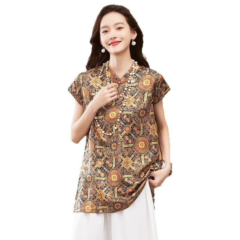 Women's Blouse Short Sleeve Round Neck Top Mandarin Collar Tunic Geometric Print Loose Fit Mid Length Gold Brown Shirt