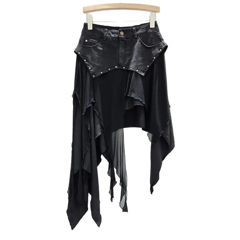 Skirts Women Asymmetrical Sexy Skirt Rivet Ruffles Patchwork Distressed Spring Summer 2026 Streetwear Female Vintage A Line