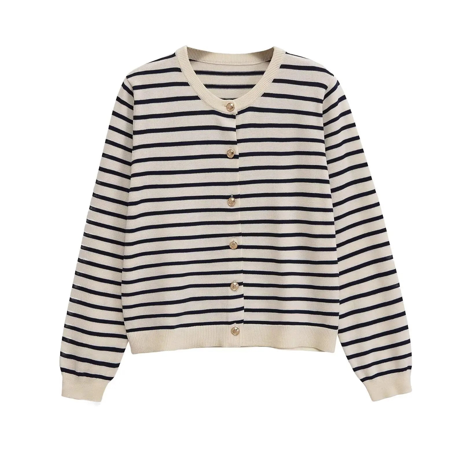 Withered 2026 Fashion New Product Striped Knitted Cardigan Versatile Round Neck Buckle Long Sleeve Coat