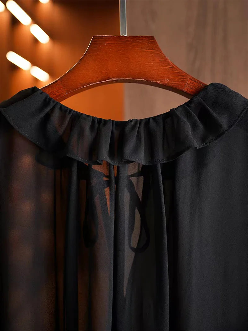 Elegant Long Sleeve Chiffon Blouse Casual Office Ladies Top Lace up Ruffle Collar Flared Sleeve Shirts Solid Color Commuter Tops