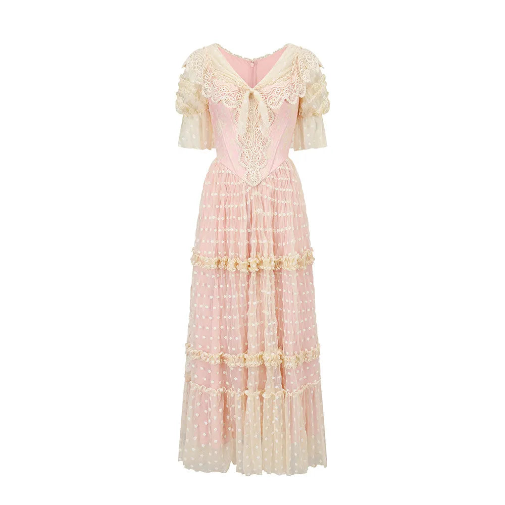 TIYIHAILEY Summer Women Dress Puff Short Sleeve Long Maxi Ladies Mesh Embroidery XS-XL Vintage High Waist V-Neck Pink Dresses