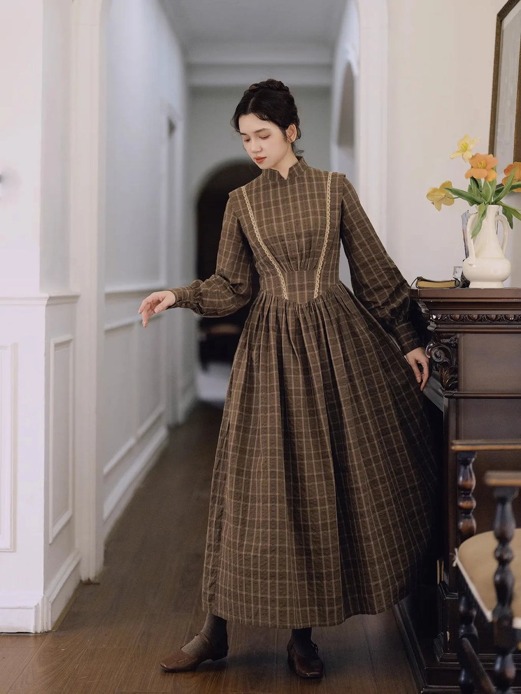 TIYIHAILEY 100% Cotton Plaid Spring Autumn Women Dress Full Lantern Sleeve Long Maxi Ladies S-XL Vintage High Waist Stand Collar