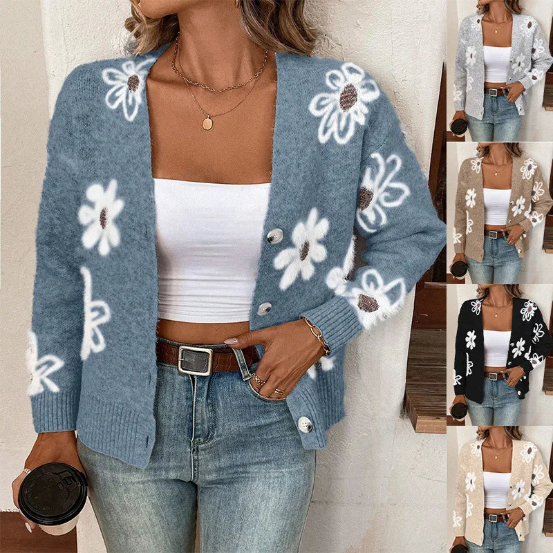 New Style Flower-Patterned Buttons Front-Opening Casual and Comfortable Cardigan