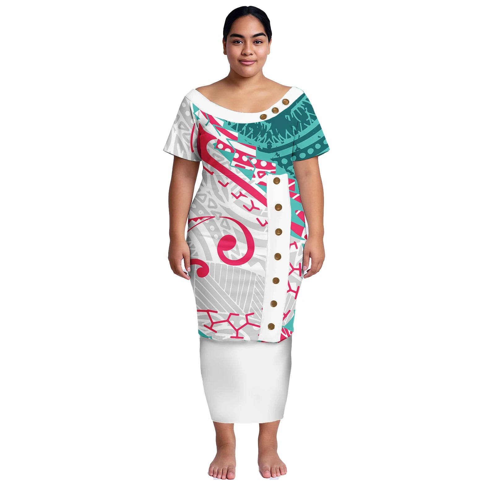 Plus Size Women Dresses Samoan Puletasi 2Pcs Set Island Shirt and Skirts Polynesian Church Tapa Print Tribal Long Dress Elegant