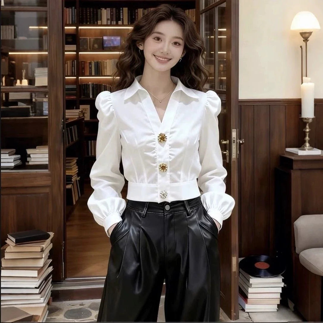 Elegant White Shirt V Neck Blouse for Women Puff Long Sleeve Button Shirt short Top Y2k Chic Office Lady Casual Formal Wear 2026