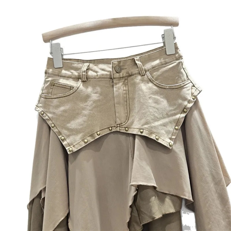 Skirts Women Asymmetrical Sexy Skirt Rivet Ruffles Patchwork Distressed Spring Summer 2026 Streetwear Female Vintage A Line