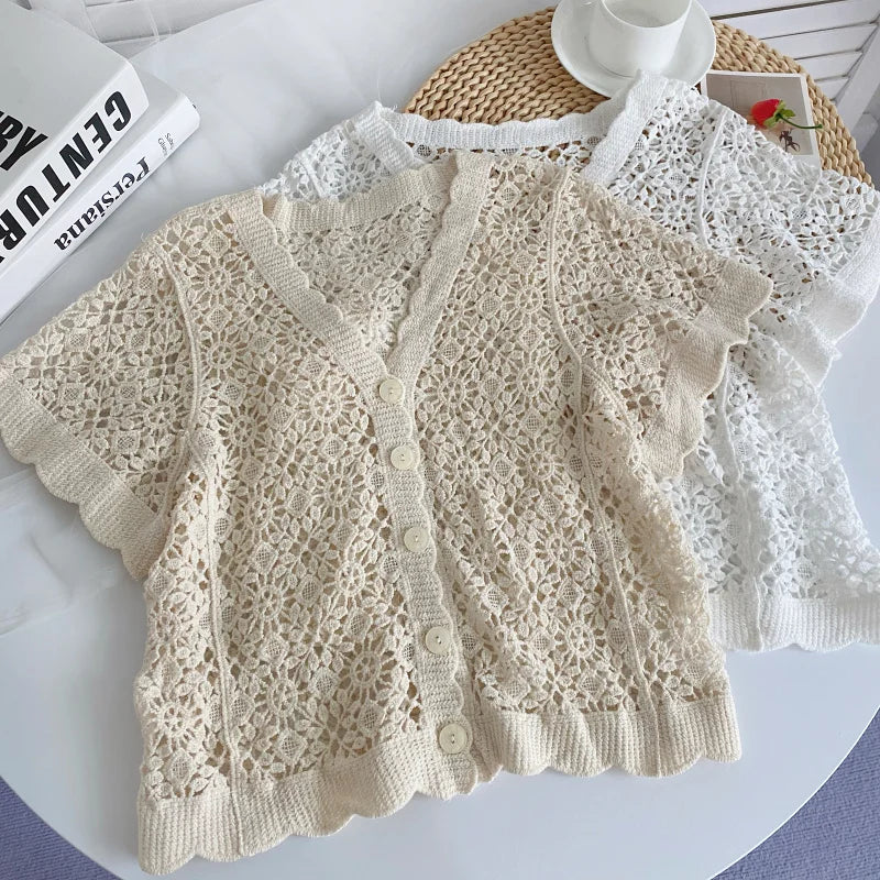 Women's Knitted Short Sleeve V-Neck Hollow out Single Button Cardigan Summer New Design Versatile Korean Style Office Wear