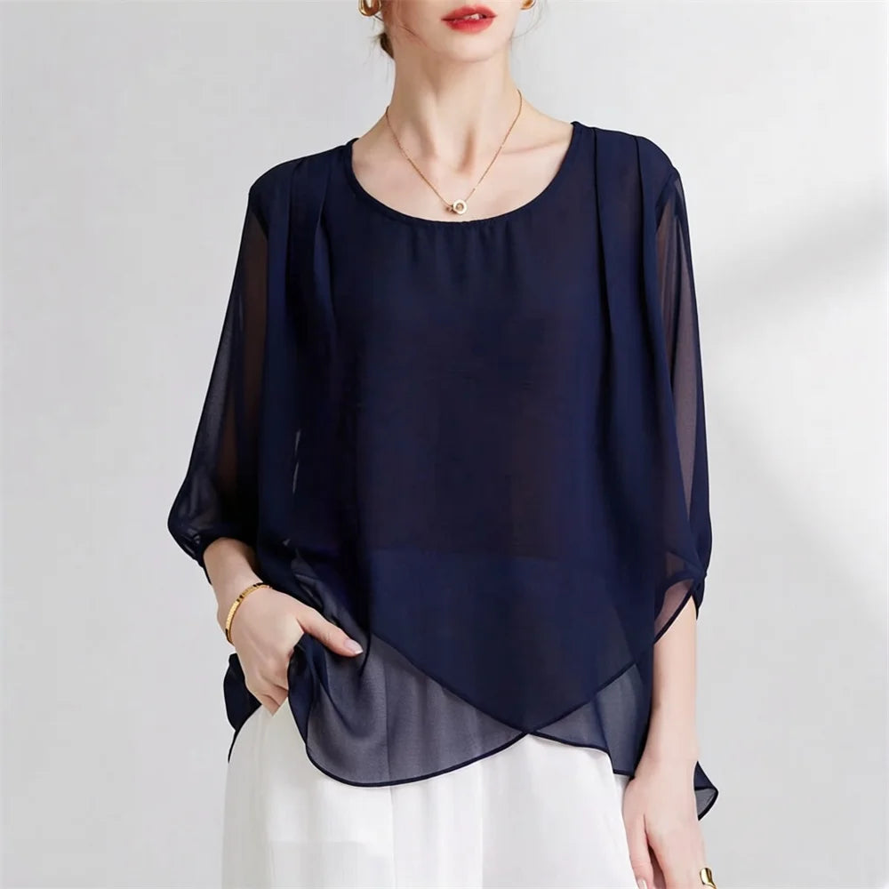 Korean Style Chiffon Plus-Size Women's Top Sexy Mid-Sleeve Black White Blouse Fashion Irregular Design