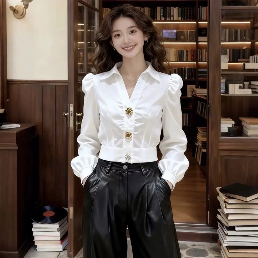 Elegant White Shirt V Neck Blouse for Women Puff Long Sleeve Button Shirt short Top Y2k Chic Office Lady Casual Formal Wear 2026
