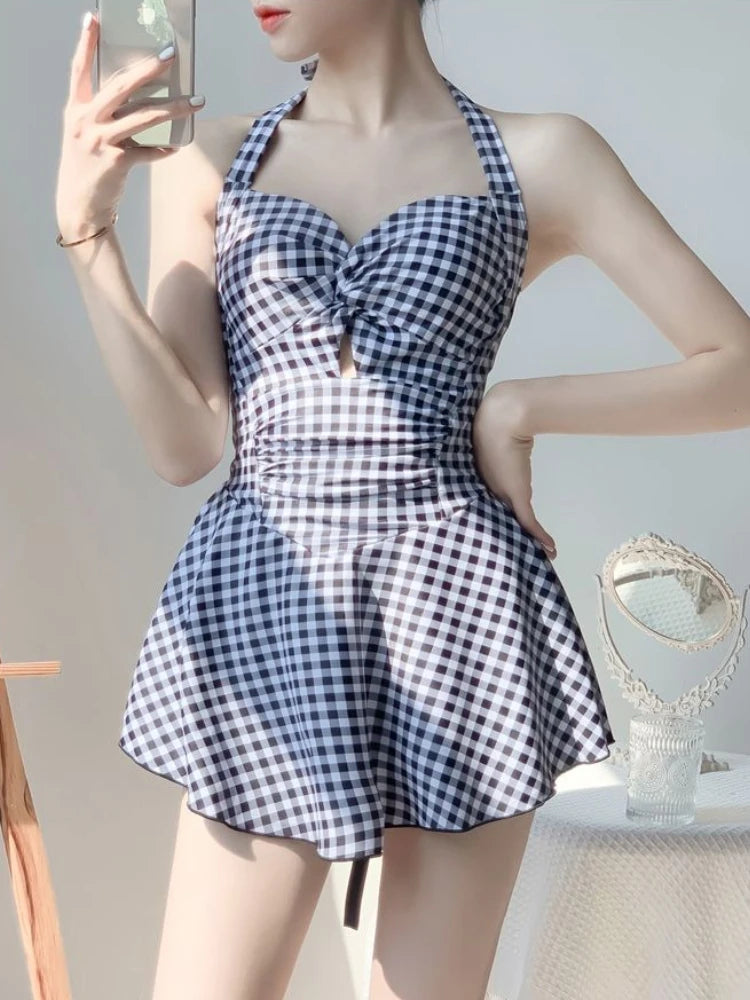 2026 New Women Backless One Piece Swimsuit Modest Plaid Lace Up Skirted Bathing Suit Tummy Control Slimming Beachwear