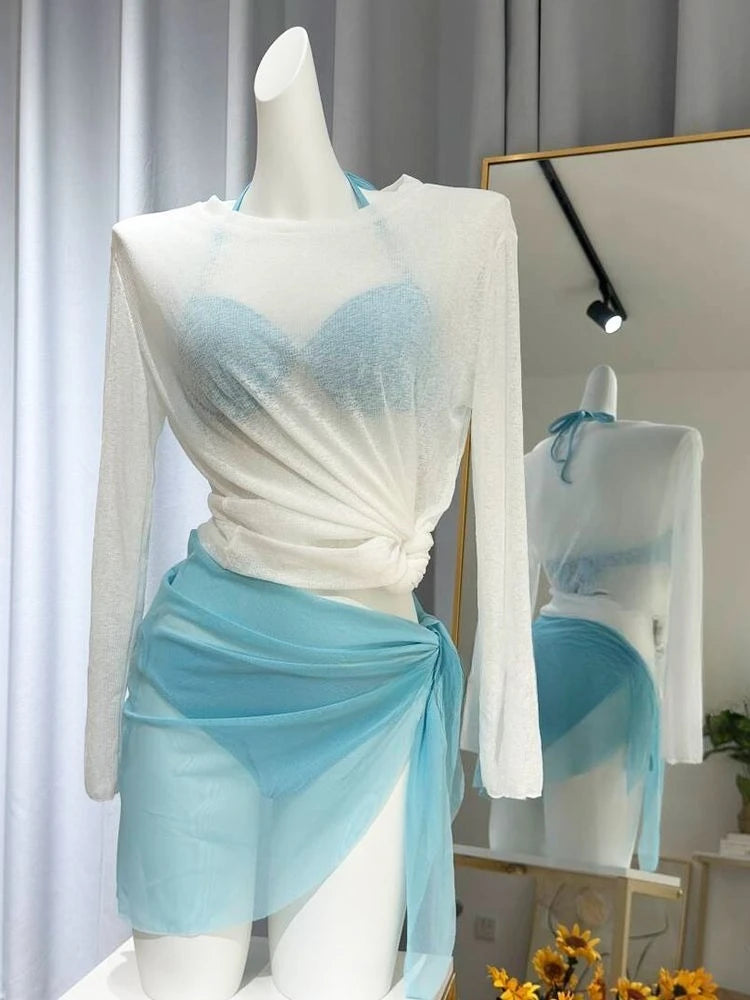 Beach Vacation 4-Piece Split Bikini Set 2026 New Fairy Sweet Women's Print Long Sleeve Swimwear High waist Beauty Fashion Suits