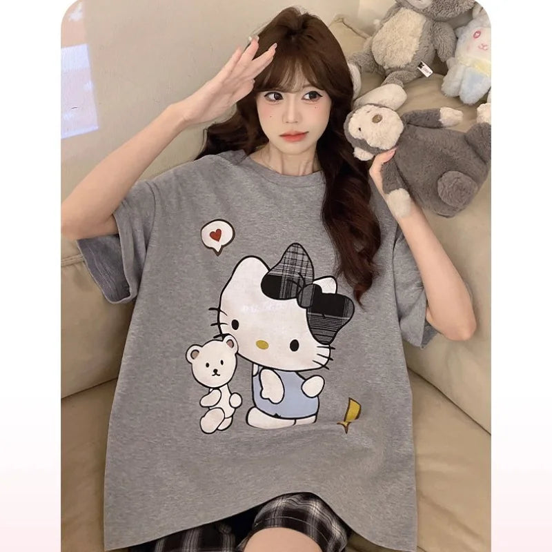 Pajama Girl Hello Kitty Summer Short Sleeved Sanrio Shorts Thin Fit Can Be Worn Outside Pure Cotton Home Clothes Plus Size Loose