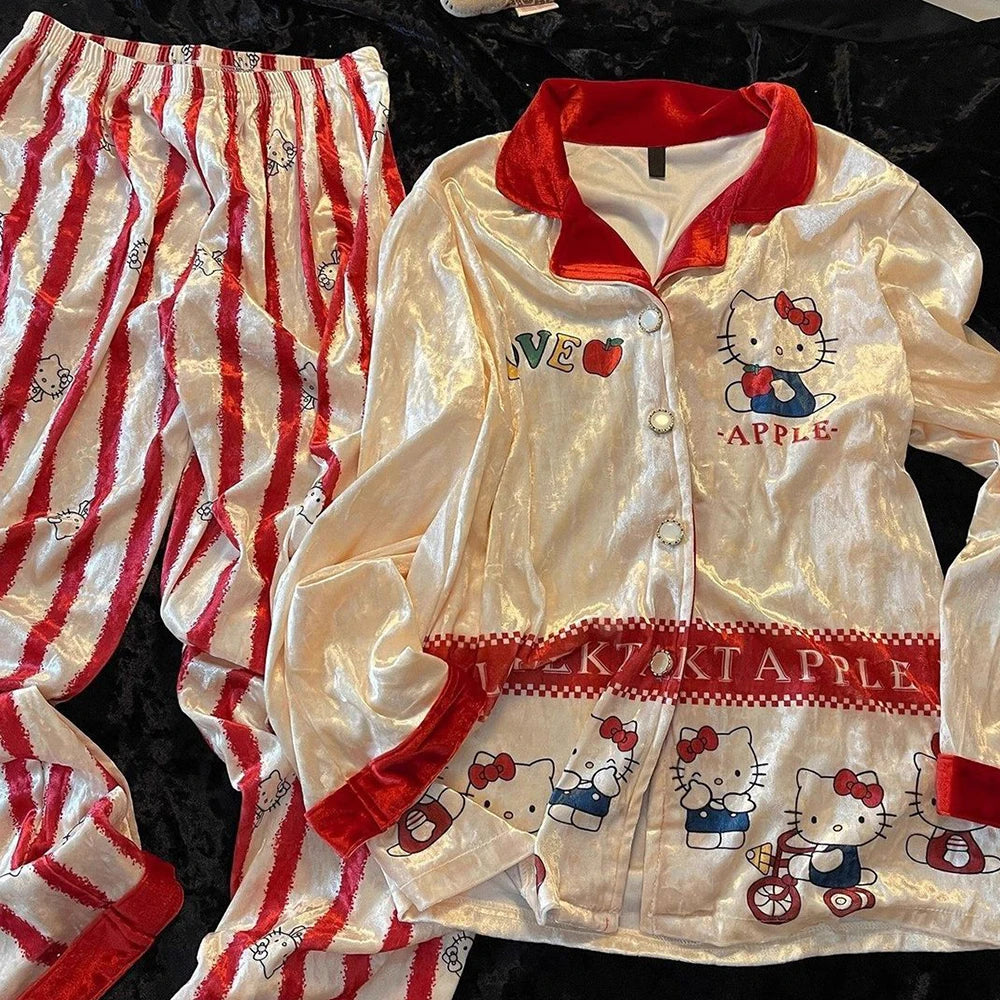 Hello Kitty Women's Pajama Set Kawaii Anime Pajama Long Sleeve Long Pants Autumn/winter Home Set Gold Velvet Set Pajamas 2025