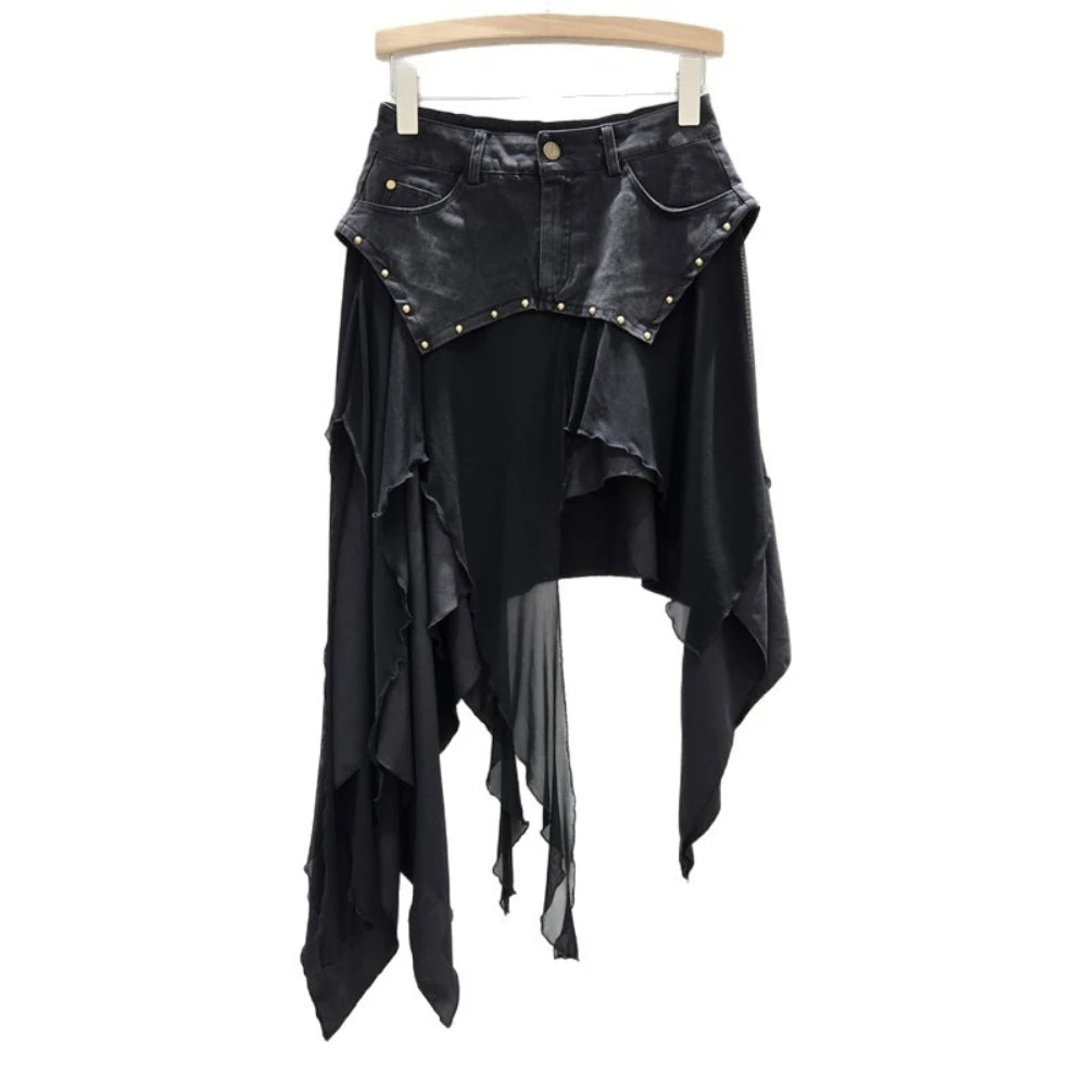 Skirts Women Asymmetrical Sexy Skirt Rivet Ruffles Patchwork Distressed Spring Summer 2026 Streetwear Female Vintage A Line