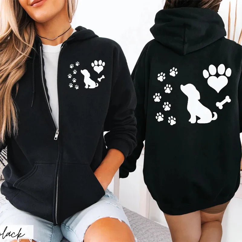Women Chic Zip Hoodies Fashion Autumn Winter Fleece Hooded Top Funny Dog and Paw Casual Fashion Lady Hoody Sweatshirts Zipper