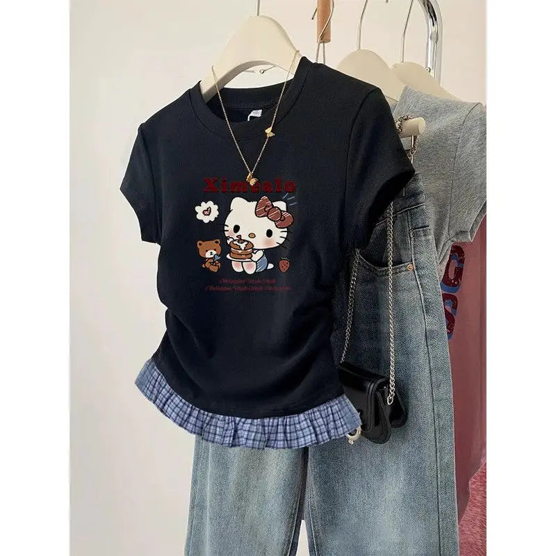 Short-Sleeved T-Shirt Hello Kitty Printed Patchwork Plaid Front Shoulder Women's Sanrio Summer Retro Slim Sweet Spicy Short Tops
