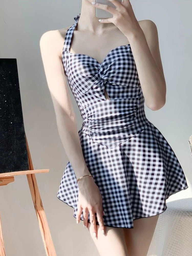 2026 New Women Backless One Piece Swimsuit Modest Plaid Lace Up Skirted Bathing Suit Tummy Control Slimming Beachwear