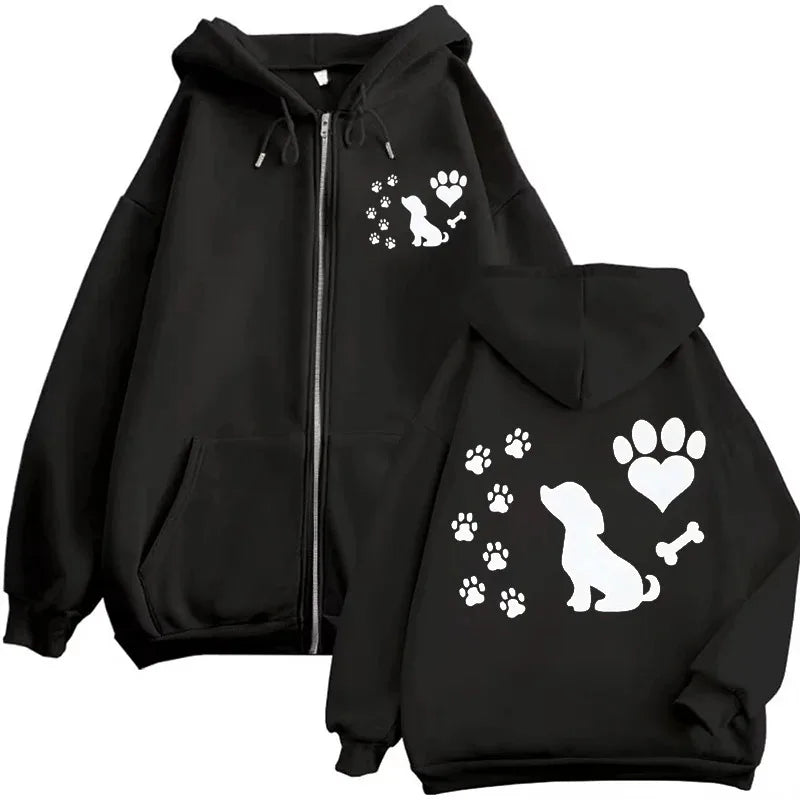 Women Chic Zip Hoodies Fashion Autumn Winter Fleece Hooded Top Funny Dog and Paw Casual Fashion Lady Hoody Sweatshirts Zipper