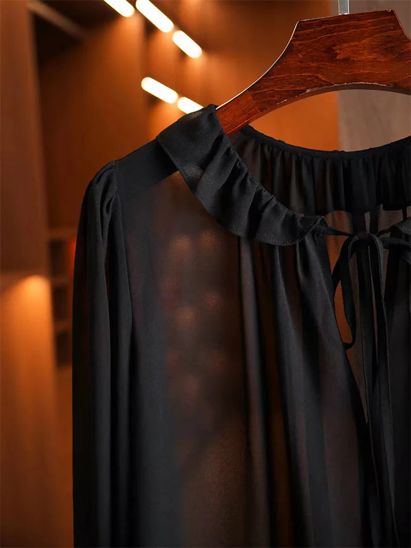 Elegant Long Sleeve Chiffon Blouse Casual Office Ladies Top Lace up Ruffle Collar Flared Sleeve Shirts Solid Color Commuter Tops