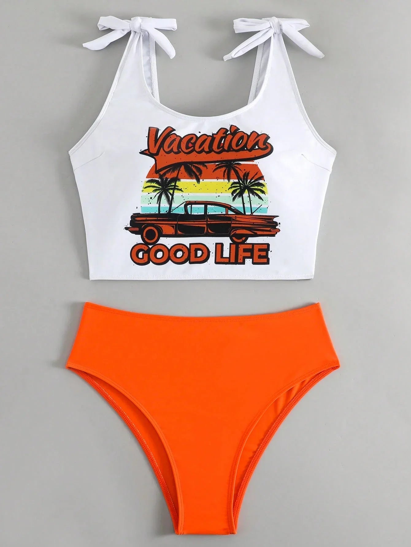 Women Vacation Good Life Graphic Tie Shoulder Tankini Set