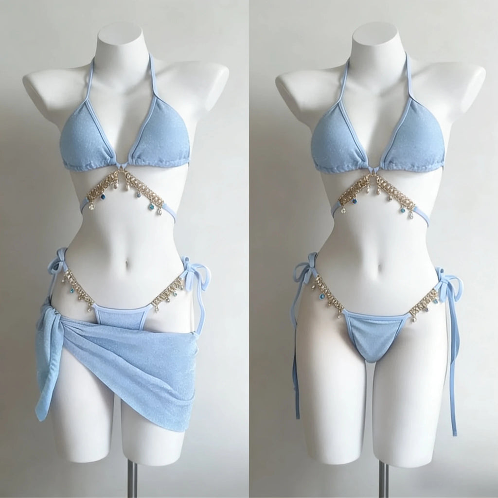 Beach Vacation 4-Piece Split Bikini Set 2026 New Fairy Sweet Women's Print Long Sleeve Swimwear High waist Beauty Fashion Suits