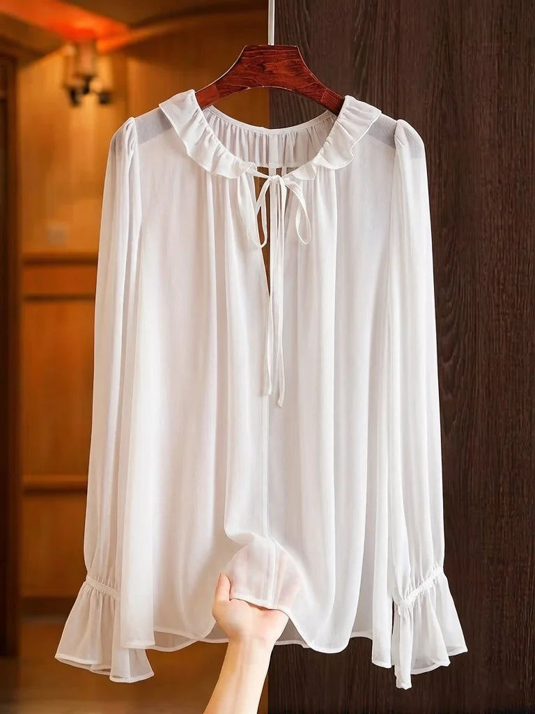 Elegant Long Sleeve Chiffon Blouse Casual Office Ladies Top Lace up Ruffle Collar Flared Sleeve Shirts Solid Color Commuter Tops