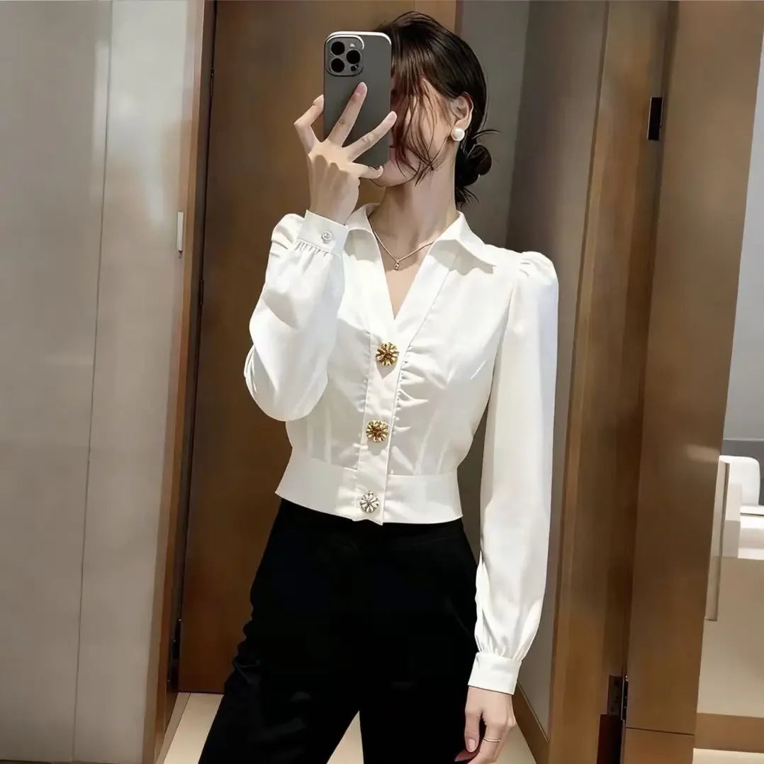 Elegant White Shirt V Neck Blouse for Women Puff Long Sleeve Button Shirt short Top Y2k Chic Office Lady Casual Formal Wear 2026