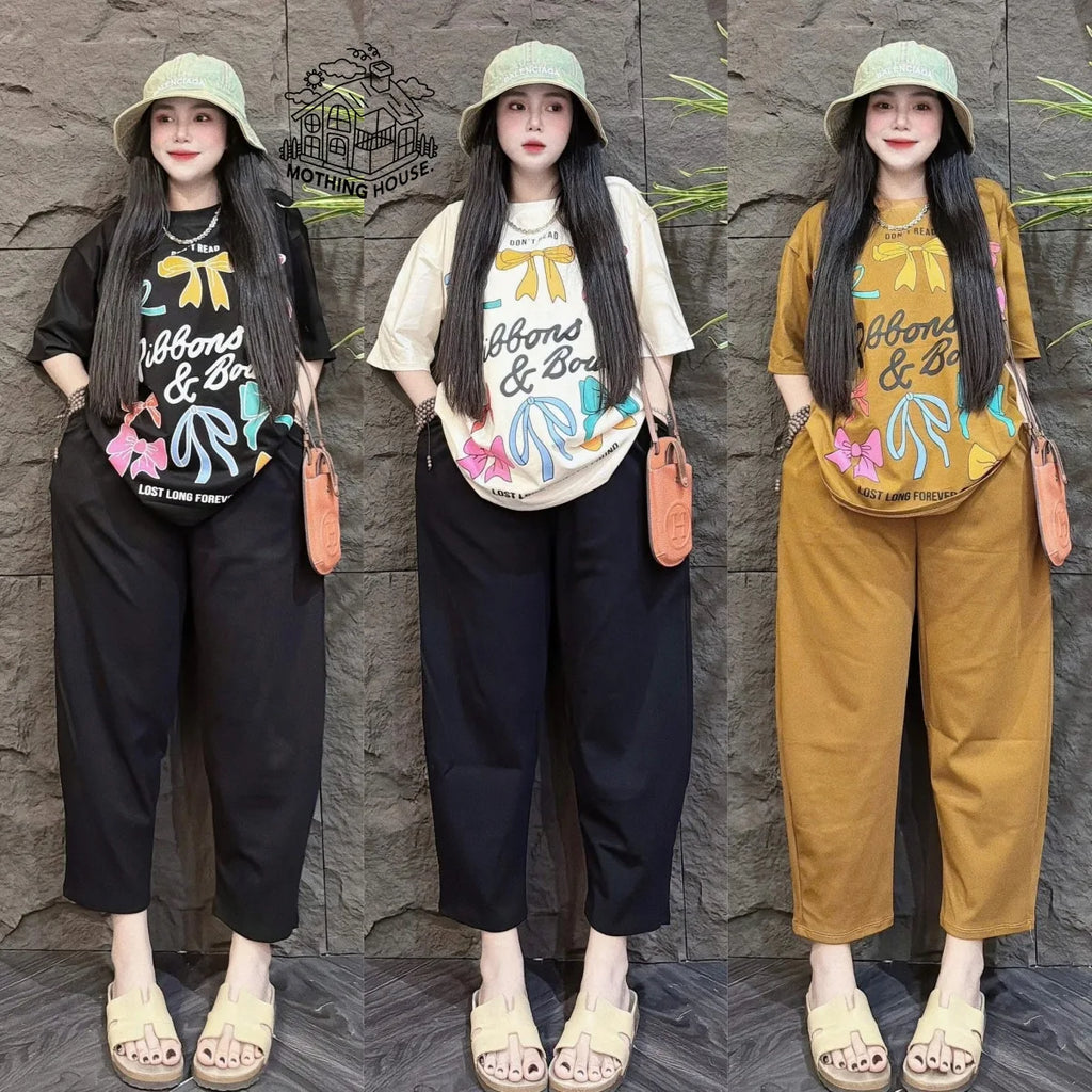 Fashion Suit Women's Summer New Korean Version Bow Short-sleeved Wide-leg Pants Casual Age-reducing Two-piece Set