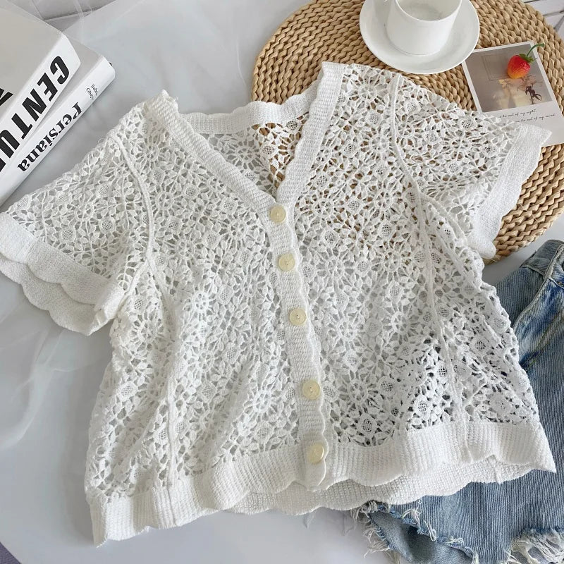 Women's Knitted Short Sleeve V-Neck Hollow out Single Button Cardigan Summer New Design Versatile Korean Style Office Wear