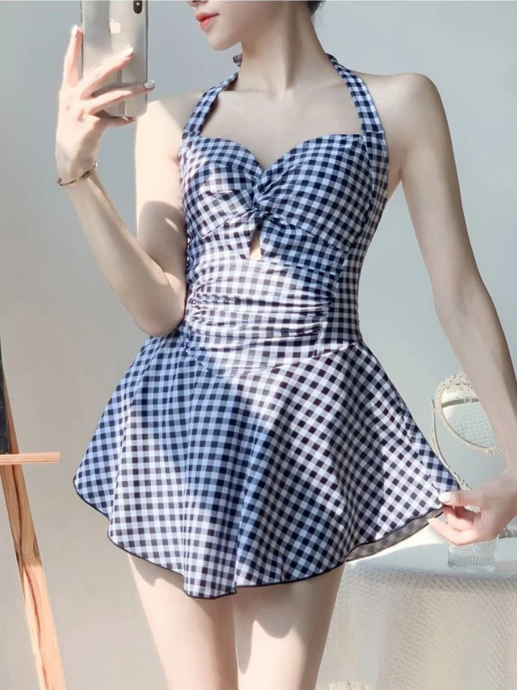 2026 New Women Backless One Piece Swimsuit Modest Plaid Lace Up Skirted Bathing Suit Tummy Control Slimming Beachwear