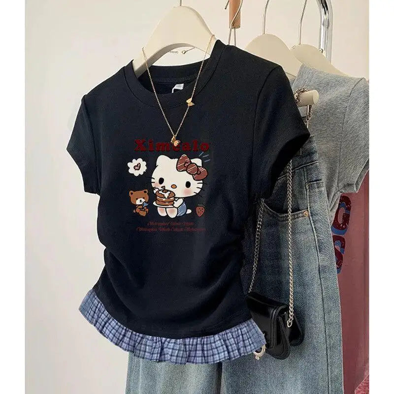 Short-Sleeved T-Shirt Hello Kitty Printed Patchwork Plaid Front Shoulder Women's Sanrio Summer Retro Slim Sweet Spicy Short Tops