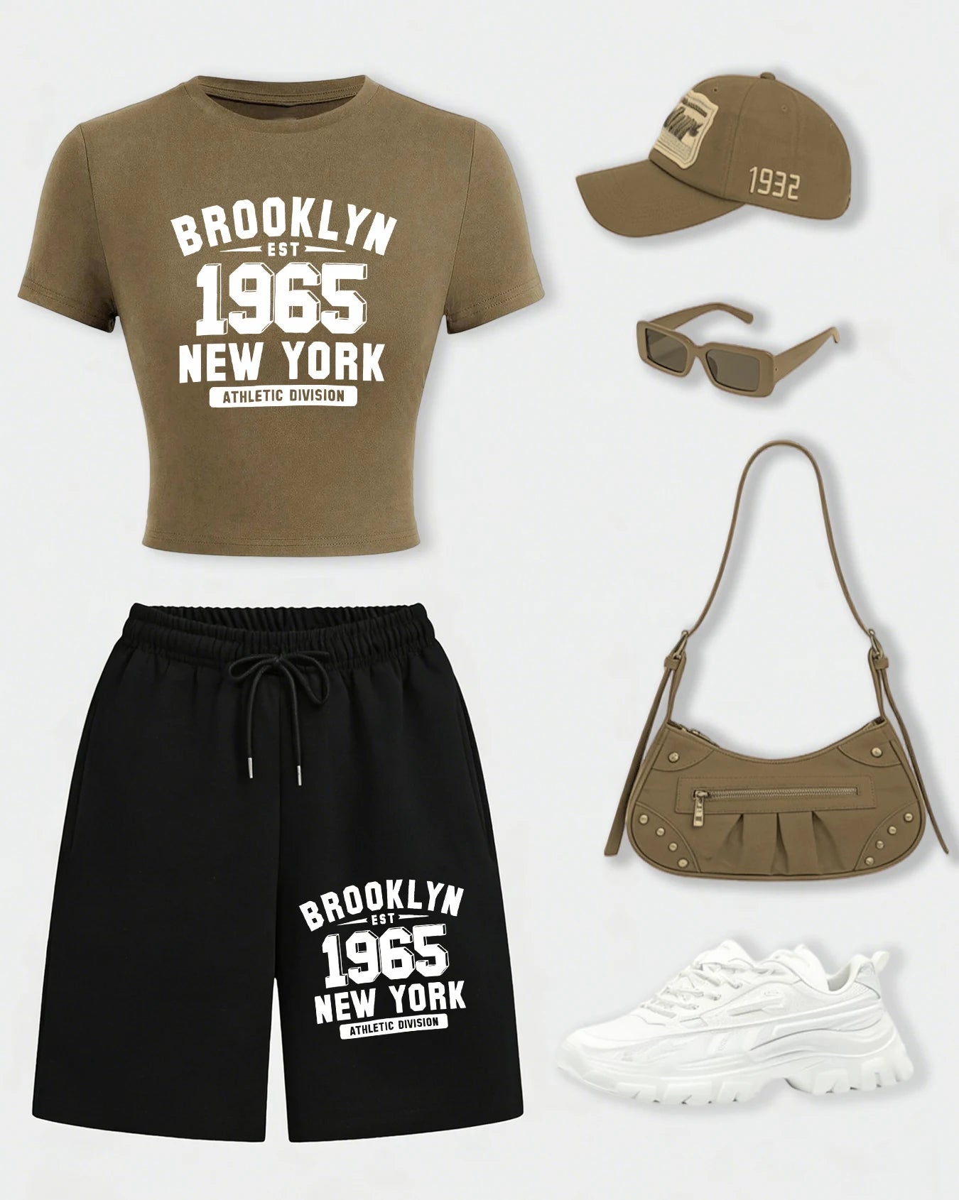 New York City Brooklyn 1965 Print Woman T-Shirt Suits Slim Cotton Crop T Shirt Summer Wide-Leg Shorts Drawstring Pocket Pant