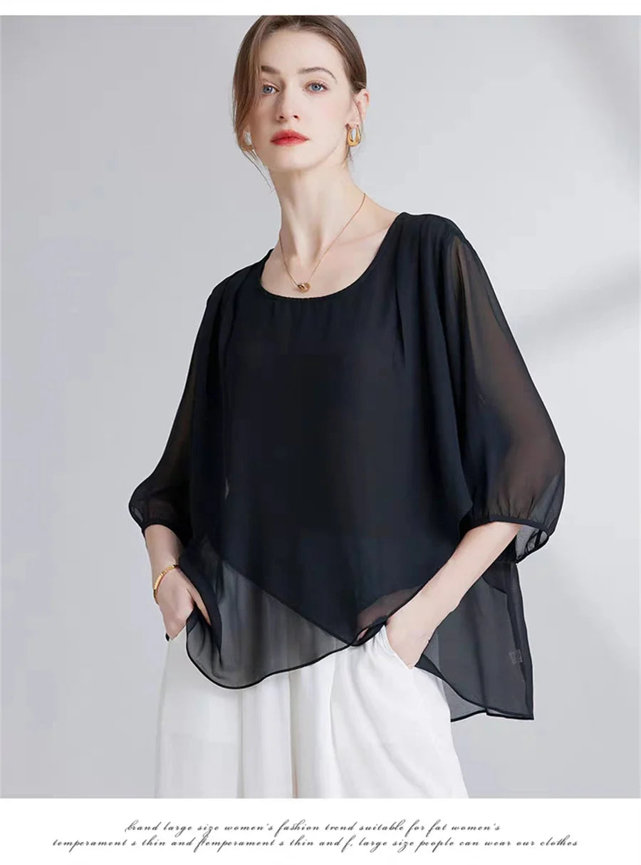 Korean Style Chiffon Plus-Size Women's Top Sexy Mid-Sleeve Black White Blouse Fashion Irregular Design