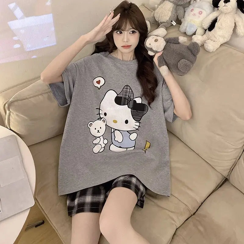 Pajama Girl Hello Kitty Summer Short Sleeved Sanrio Shorts Thin Fit Can Be Worn Outside Pure Cotton Home Clothes Plus Size Loose
