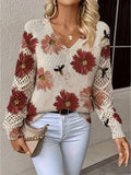 Bohemian Floral V-Neck Pullover | Hollow Print Long Sleeve Knitting Sweater | 2025 Fashion Casual Top (Characters: 78)
