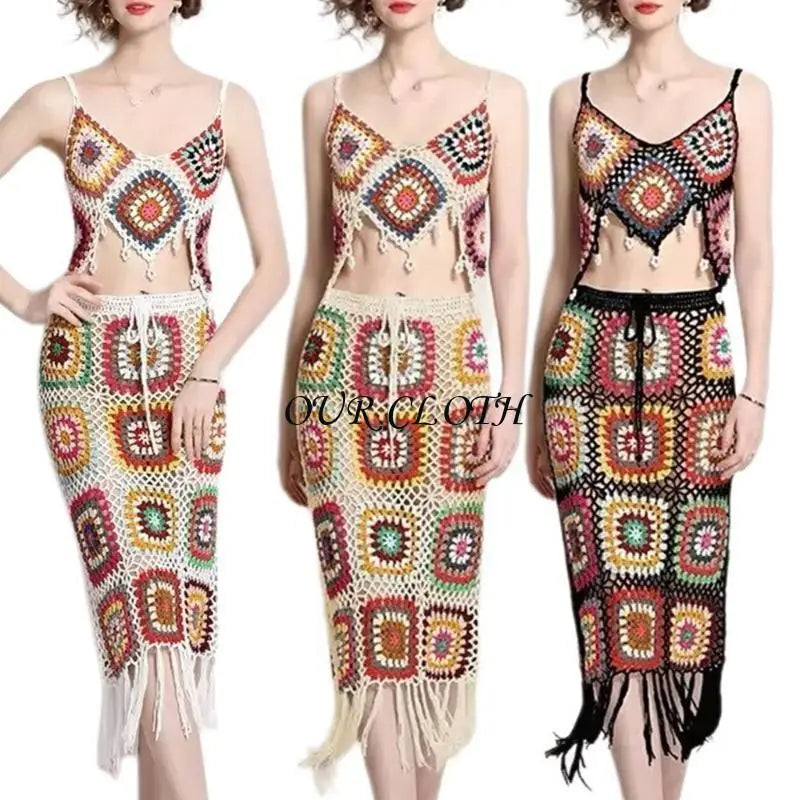 Women Beach Crochet Knit Cami Crop Top and Drawstring Waist Tassels Skirt Set Y1AC