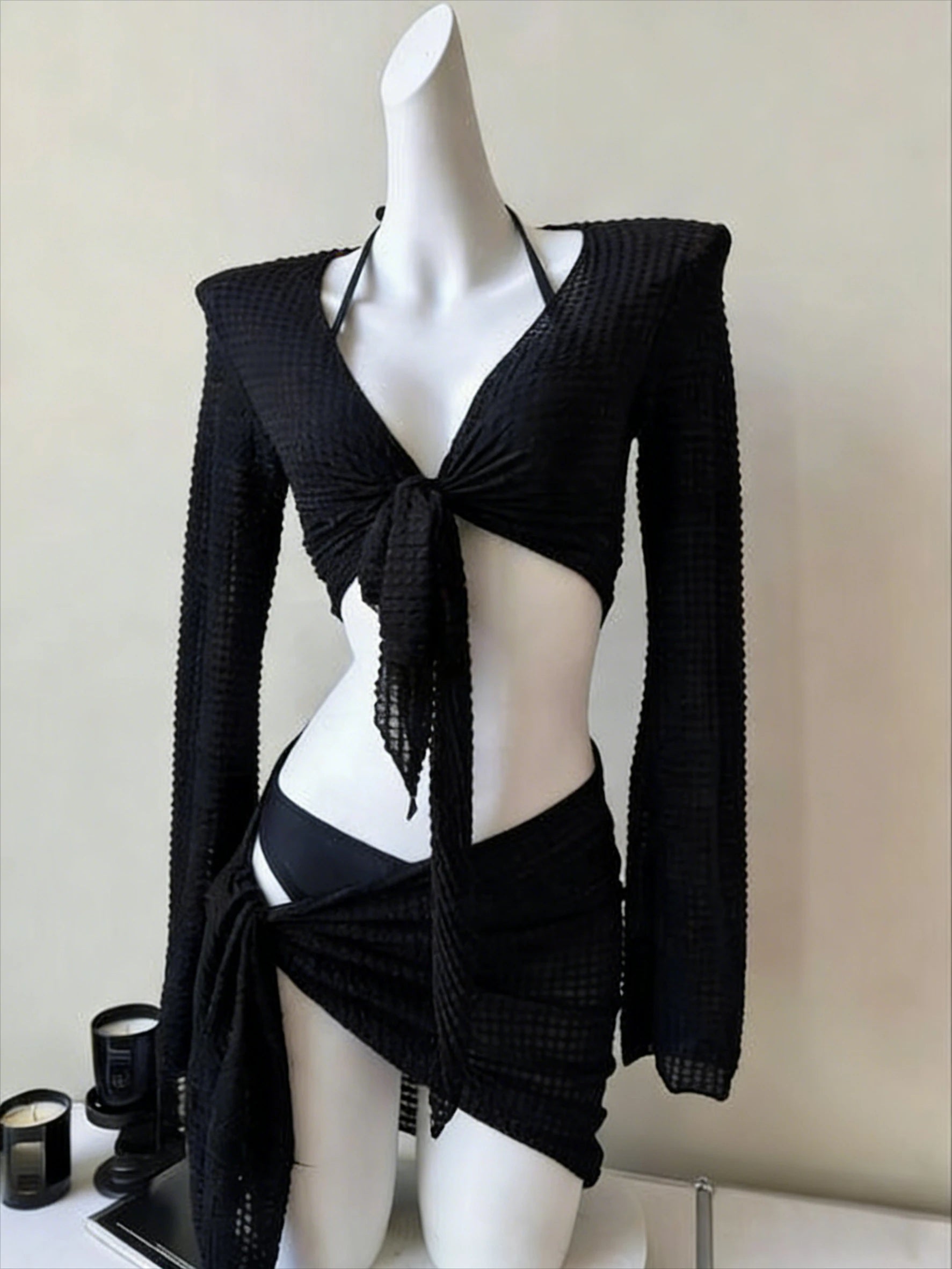 Beach Vacation 4-Piece Split Bikini Set 2026 New Fairy Sweet Women's Print Long Sleeve Swimwear High waist Beauty Fashion Suits
