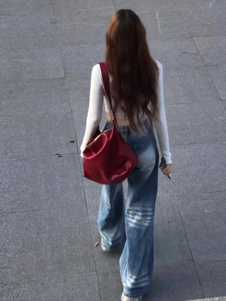 Light Blue Lightning Stripe Wide Leg Jeans Women's High Waist Straight Leg Lazy Pants Spring Autumn New Arrival PmORh Brand