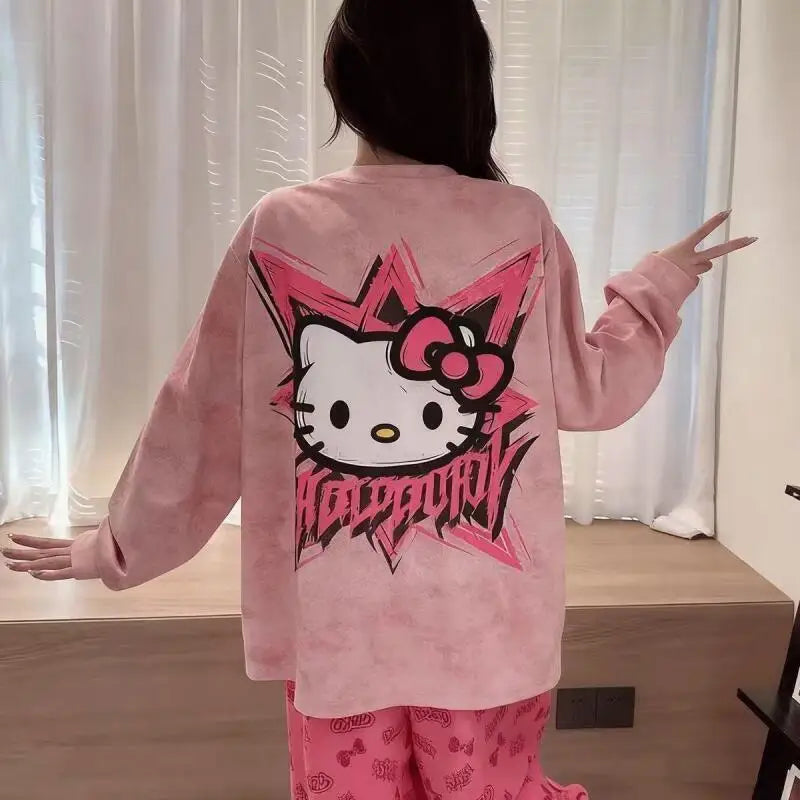 Pajamas for Women Sanrio Spring New Hello Kitty Cute Long-Sleeved Trousers Suit Loose Plus Size Girls Home Wear with Chest Pads