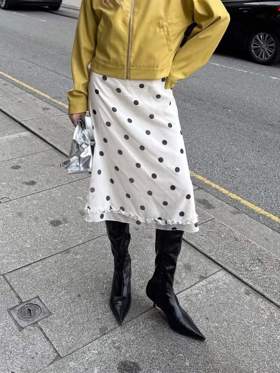 TWOTWINSTYLE Apricot Loose Spliced Dot Printing Skirts for Women High Waist Korean Gentle Long Skirt Female Autumn New Fashion